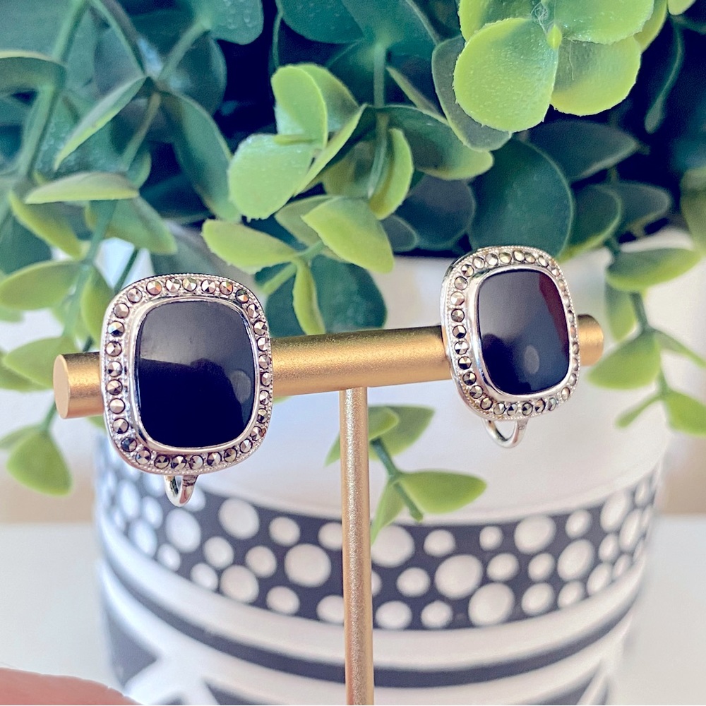 Vintage Marcasite and Onyx square Sterling silver Screw on Earrings 1”x.75”